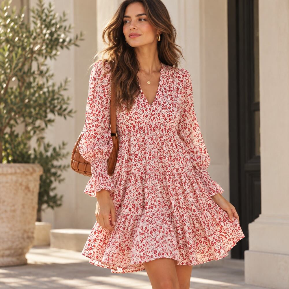 TUCKERNUCK x POMANDER PLACE Kenzo Red Floral Tiered Mini Dress Sz S $128 {H30}